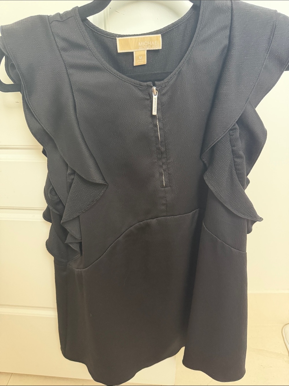 Michael Kors Black Ruffle Sleeve Blouse with Front Zip